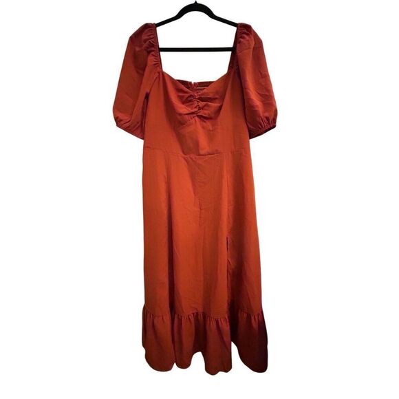 NWT Cider Burnt Orange Empire Waist Maxi Dress 0XL Side Slit Puff Sleeves Milkma - Picture 1 of 11